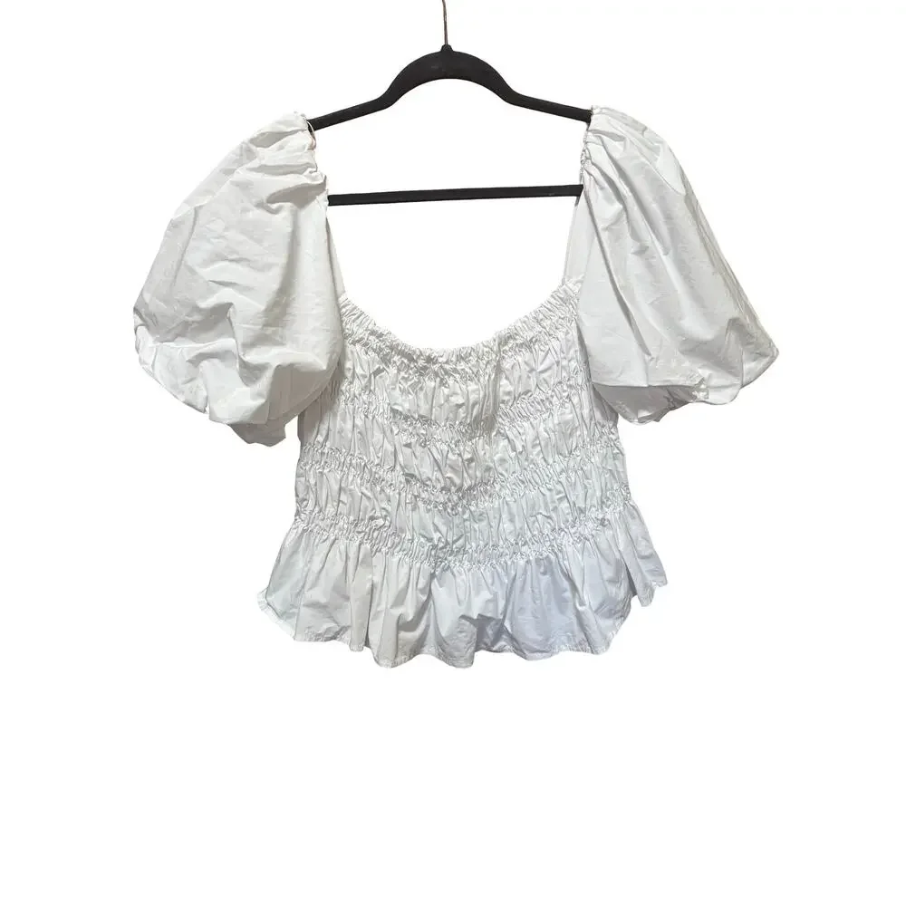 ASTR White Smocked Puff Sleeve Peplum Top Square Neck Size Large